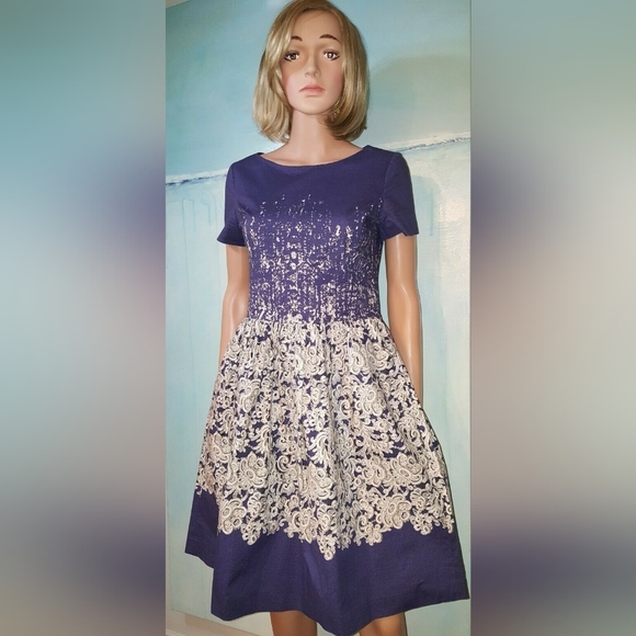 $2,400 OSCAR DE LA RENTA P15 GORGEOUS IVORY BLUE LACE PRINT RUNWAY DRESS US 8 - Picture 2 of 8